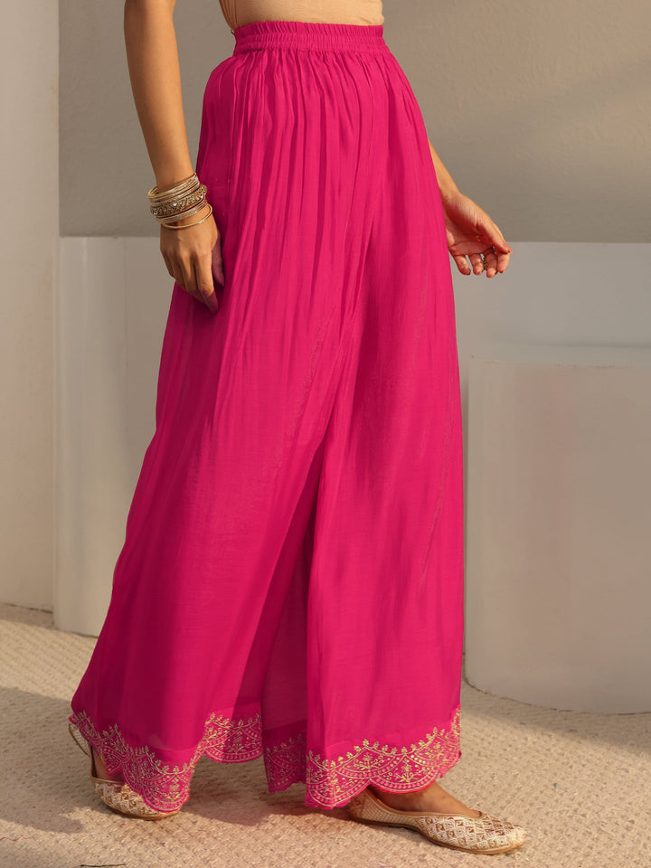 Pink Embroidered Chanderi Cotton A-Line Suit Set With Dupatta