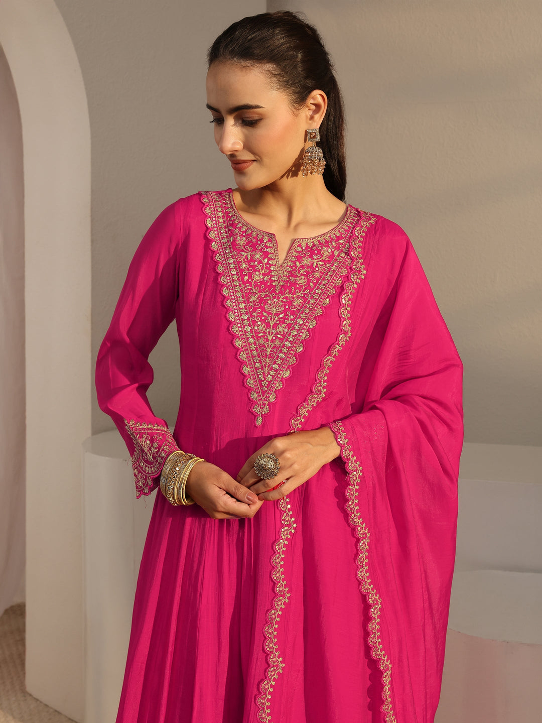 Pink Embroidered Chanderi Cotton A-Line Suit Set With Dupatta