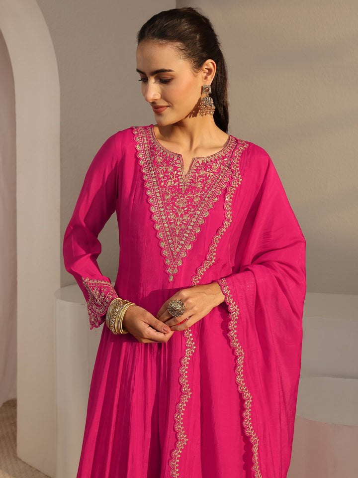 Pink Embroidered Chanderi Cotton A-Line Suit Set With Dupatta
