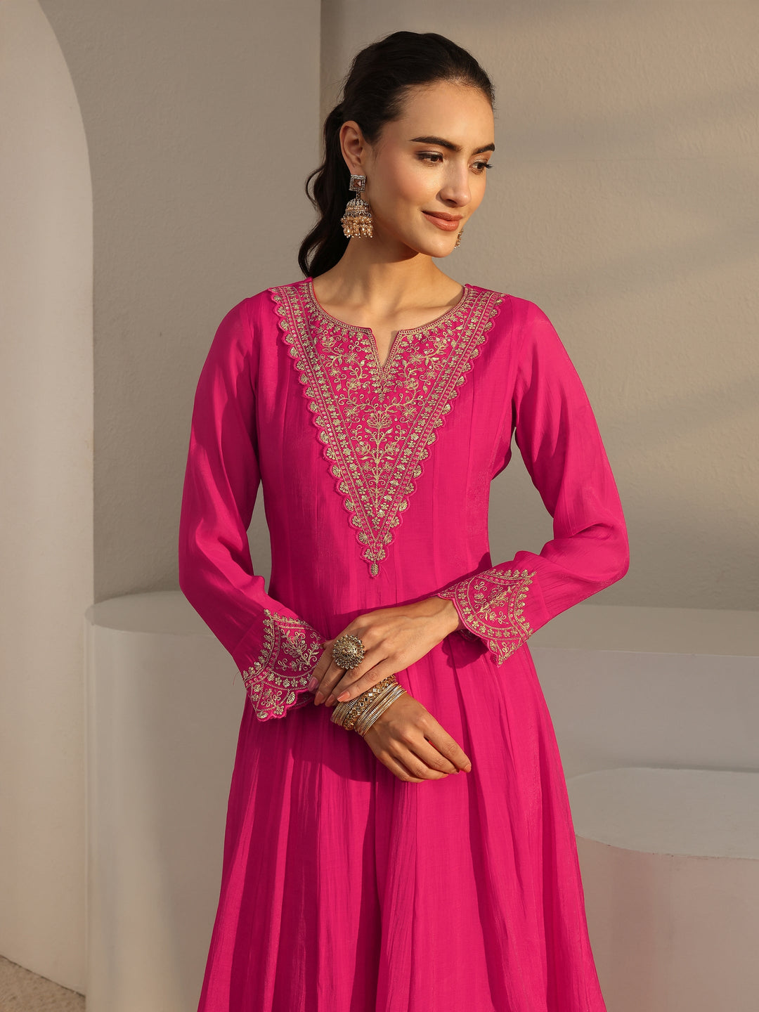 Pink Embroidered Chanderi Cotton A-Line Suit Set With Dupatta