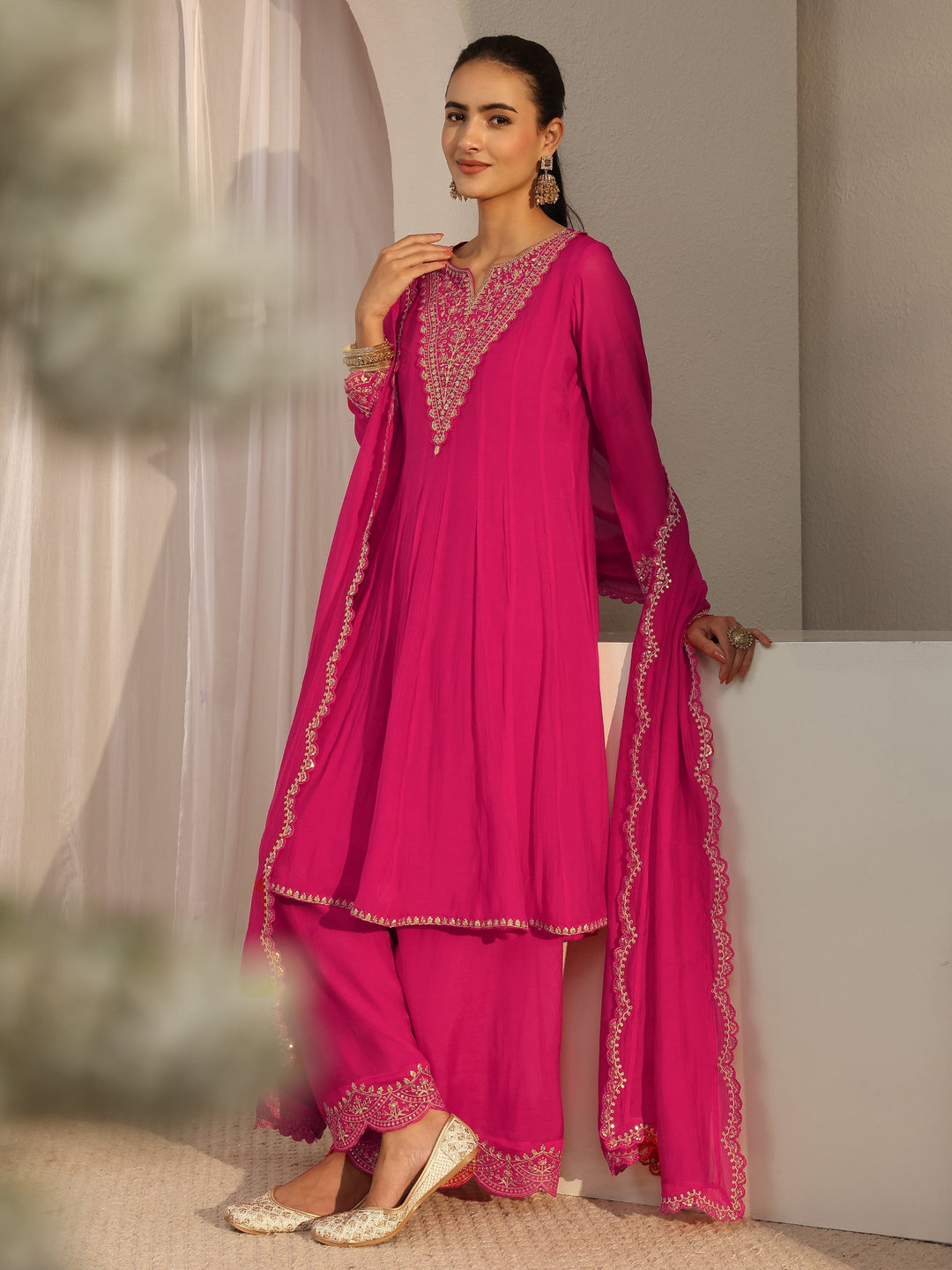Pink Embroidered Chanderi Cotton A-Line Suit Set With Dupatta