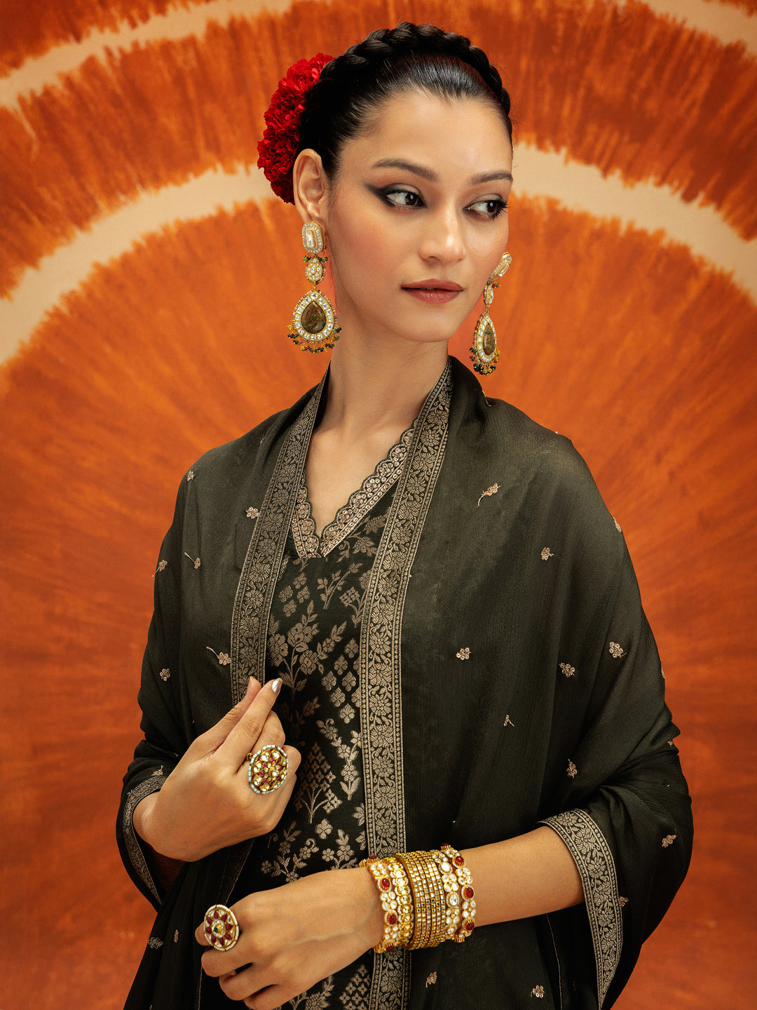 Libas Dhwani Olive Green Floral Woven Design Silk Blend Straight Suit Set