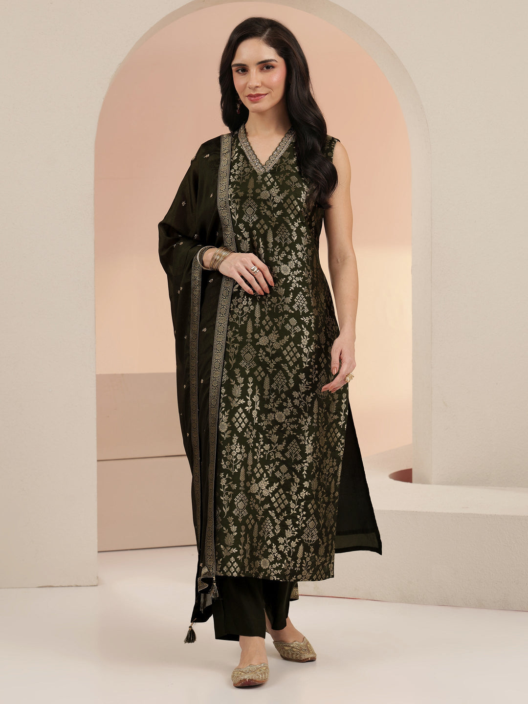 Libas Dhwani Olive Green Floral Woven Design Silk Blend Straight Suit Set