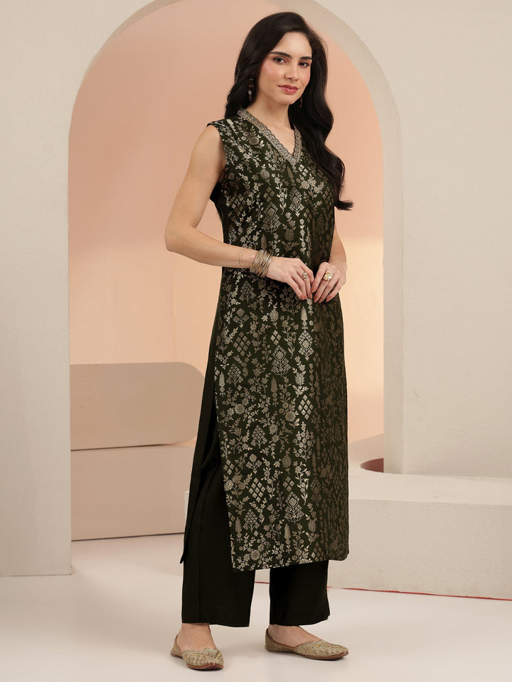 Libas Dhwani Olive Green Floral Woven Design Silk Blend Straight Suit Set