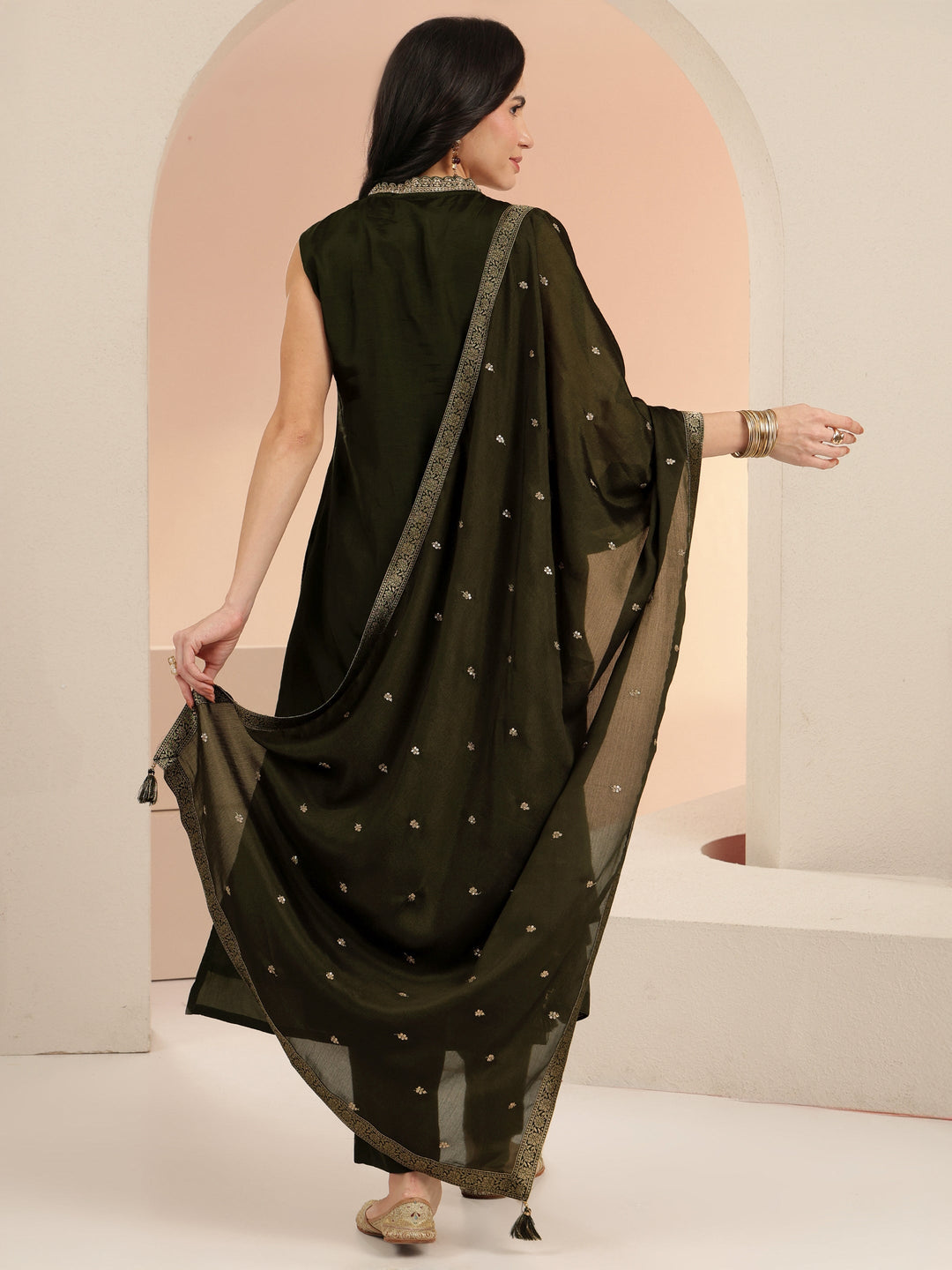 Libas Dhwani Olive Green Floral Woven Design Silk Blend Straight Suit Set