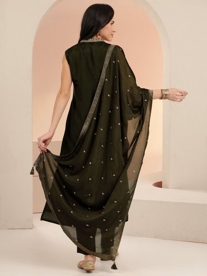 Libas Dhwani Olive Green Floral Woven Design Silk Blend Straight Suit Set