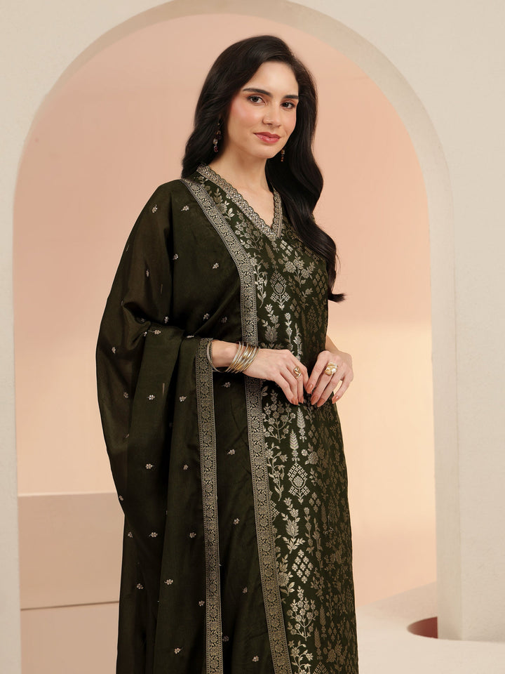 Libas Dhwani Olive Green Floral Woven Design Silk Blend Straight Suit Set