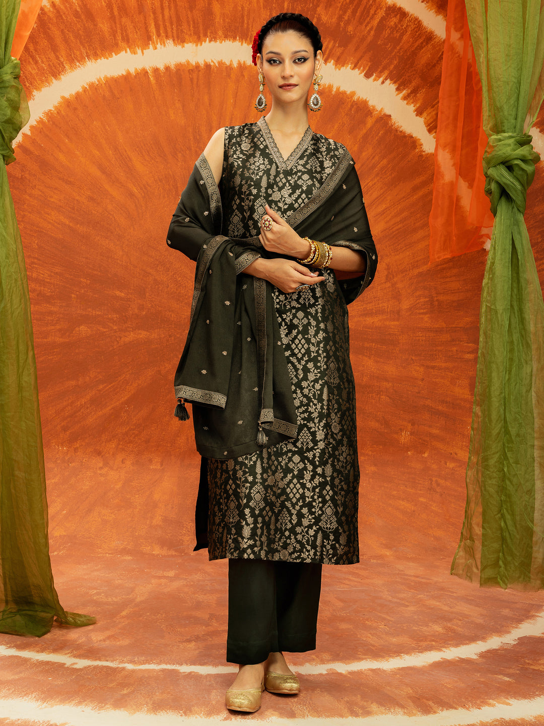 Libas Dhwani Olive Green Floral Woven Design Silk Blend Straight Suit Set