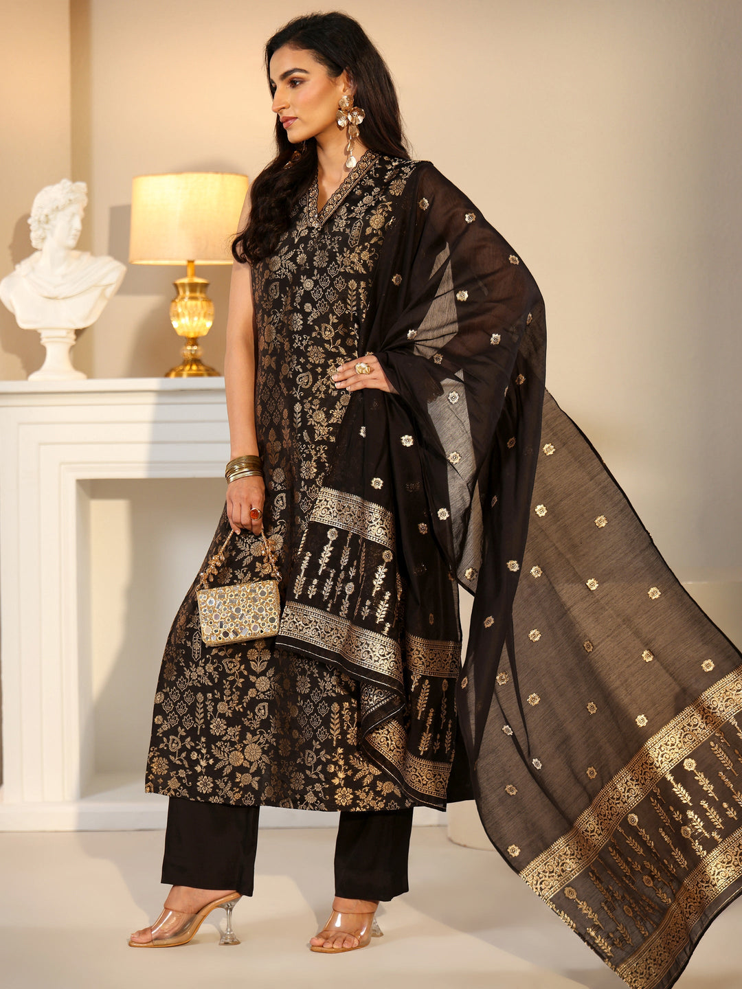 Libas Black Floral Woven Design Silk Blend Straight Suit Set