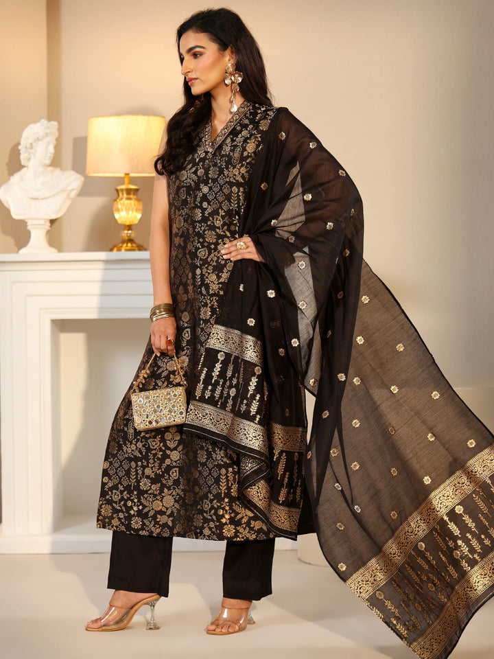 Libas Black Floral Woven Design Silk Blend Straight Suit Set