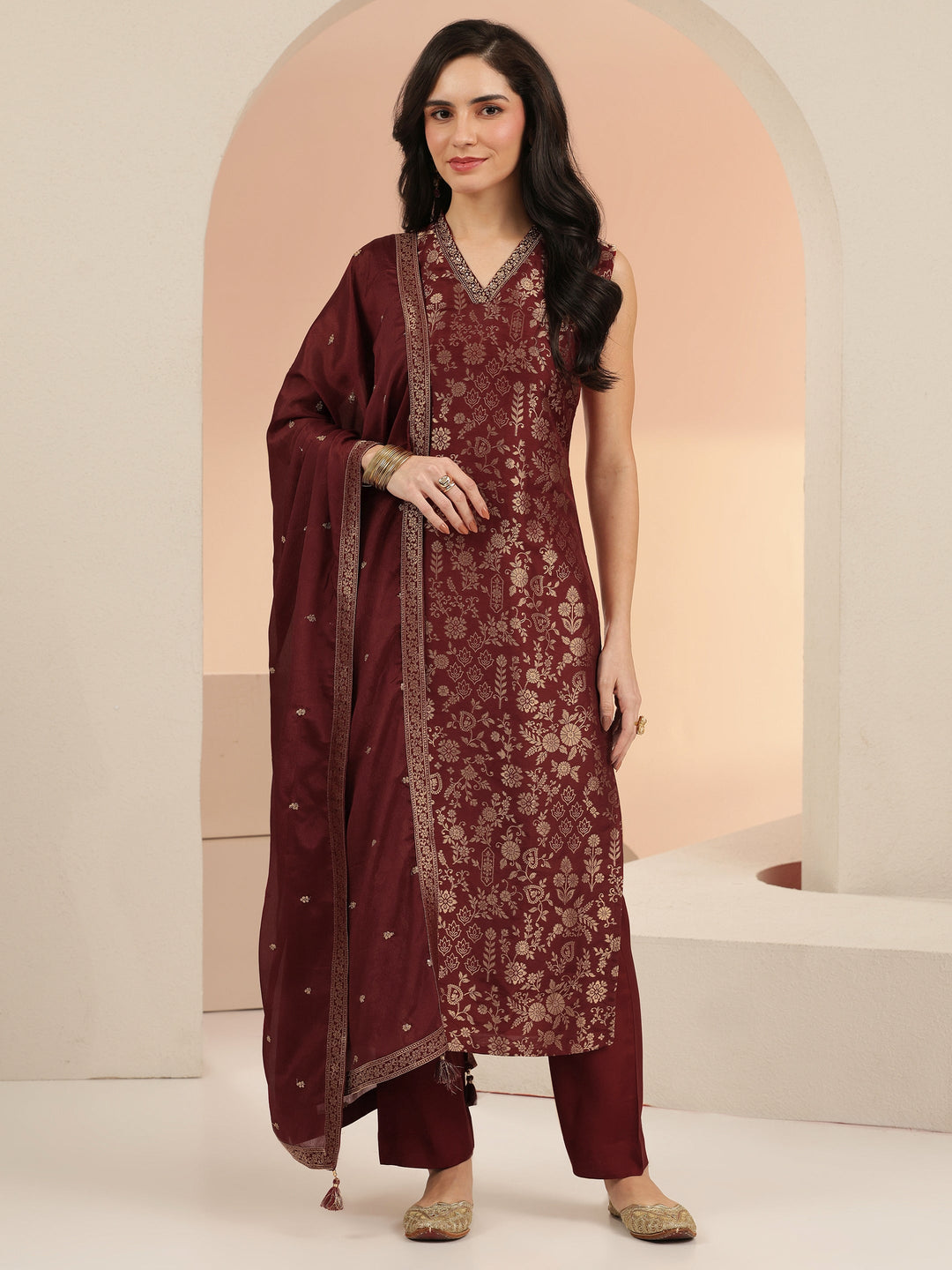 Libas Maroon Floral Woven Design Silk Blend Straight Suit Set
