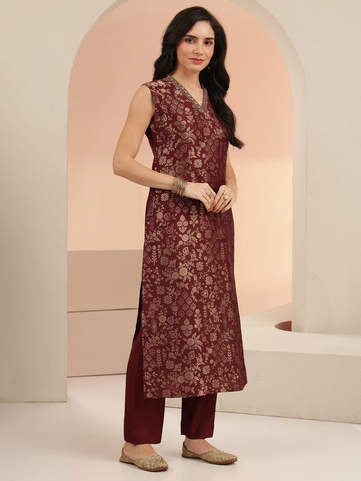 Libas Maroon Floral Woven Design Silk Blend Straight Suit Set