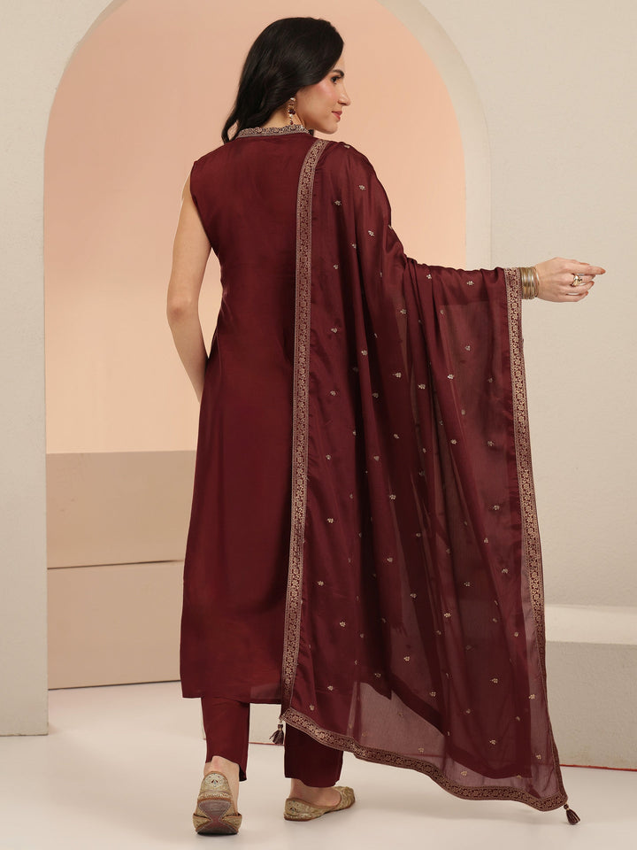 Libas Maroon Floral Woven Design Silk Blend Straight Suit Set