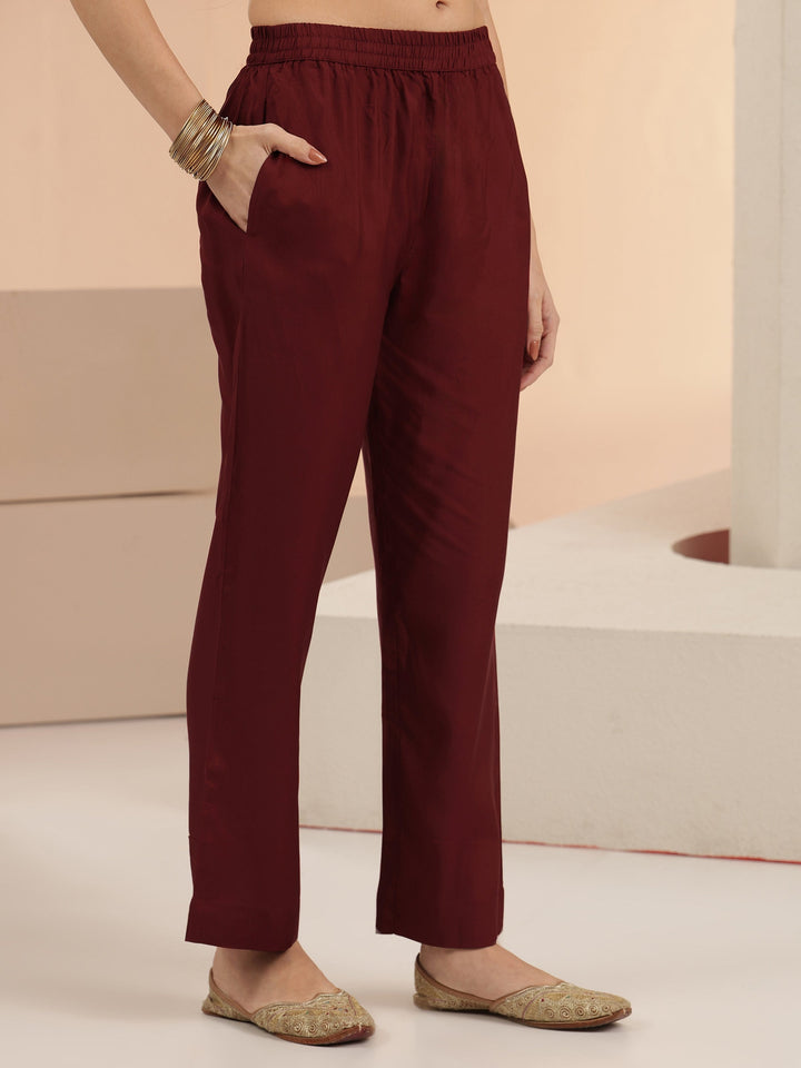 Libas Maroon Floral Woven Design Silk Blend Straight Suit Set