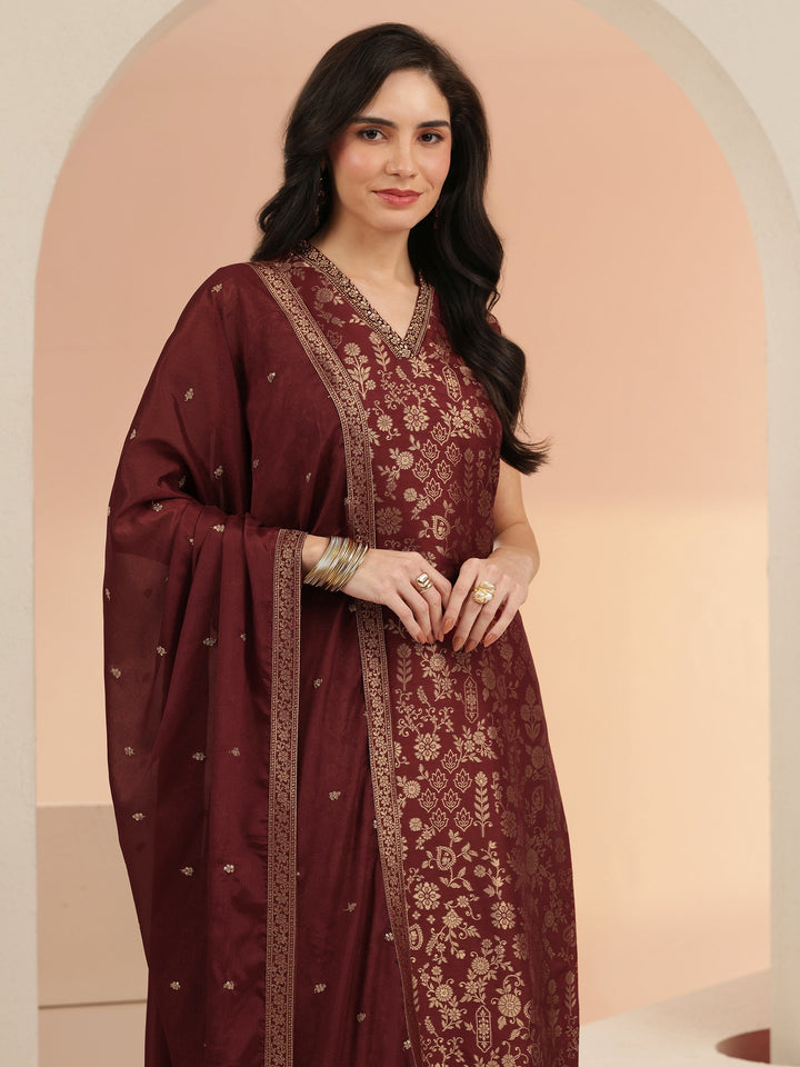 Libas Maroon Floral Woven Design Silk Blend Straight Suit Set
