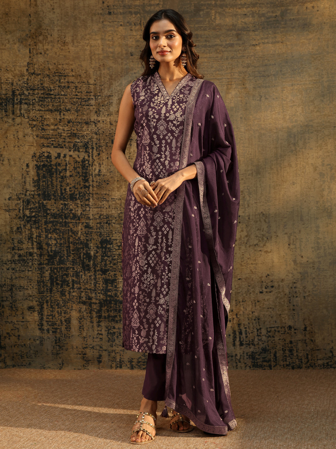 Libas Burgundy Floral Woven Design Silk Blend Straight Suit Set