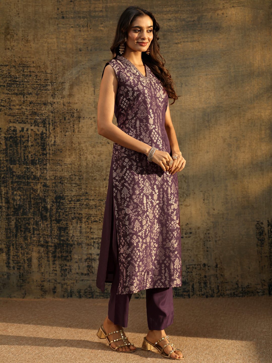 Libas Burgundy Floral Woven Design Silk Blend Straight Suit Set