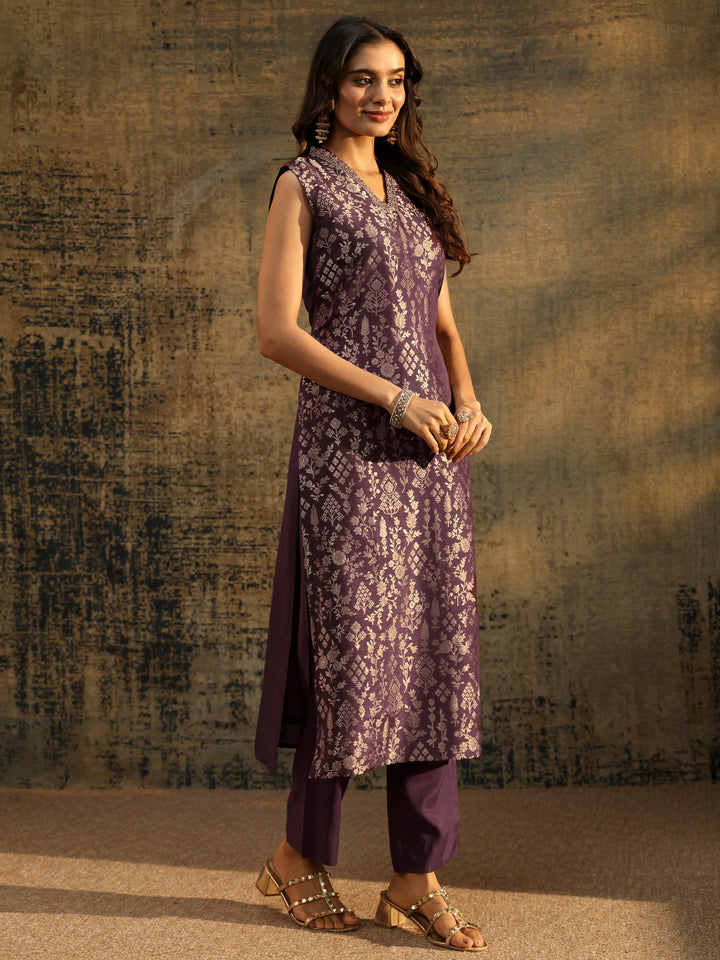 Libas Burgundy Floral Woven Design Silk Blend Straight Suit Set