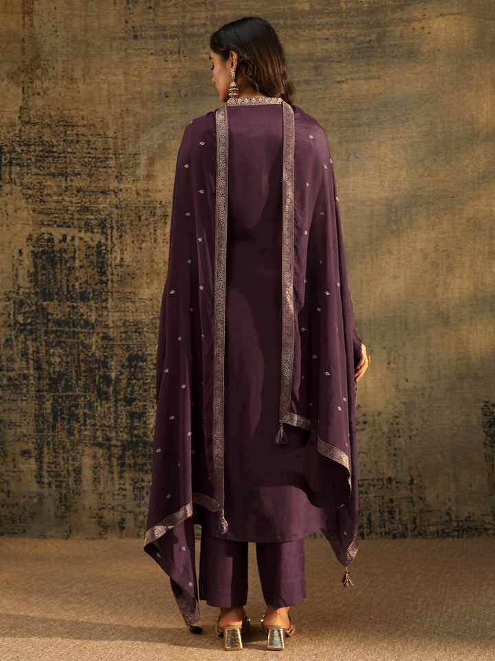 Libas Burgundy Floral Woven Design Silk Blend Straight Suit Set