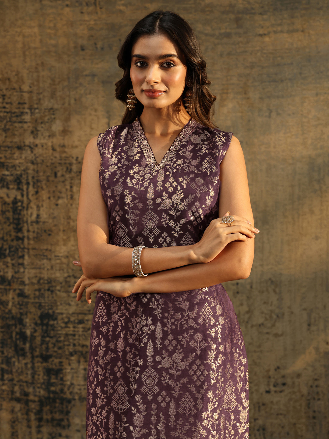 Libas Burgundy Floral Woven Design Silk Blend Straight Suit Set