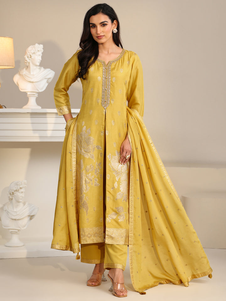 Libas Yellow Woven Design Front Slit Silk Blend Straight Suit Set