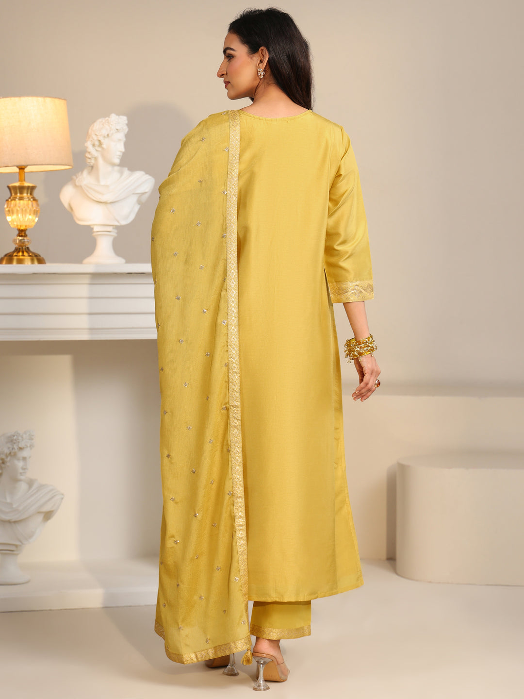 Libas Yellow Woven Design Front Slit Silk Blend Straight Suit Set