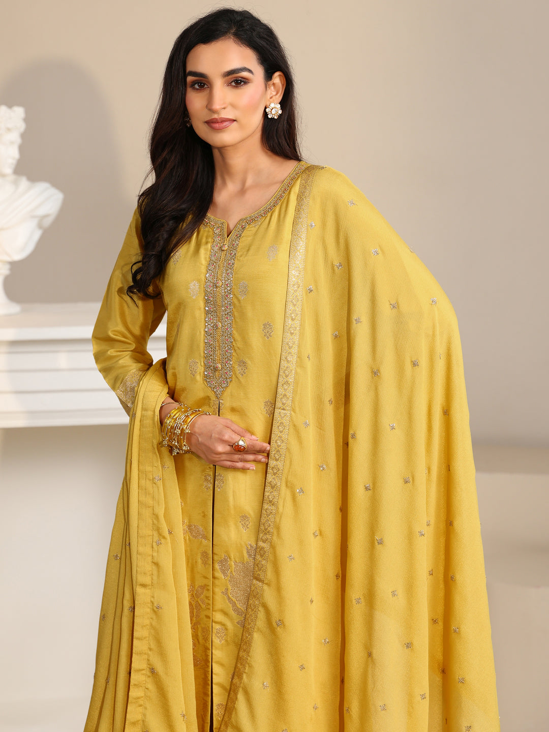 Libas Yellow Woven Design Front Slit Silk Blend Straight Suit Set