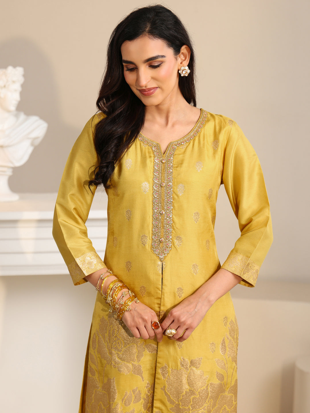 Libas Yellow Woven Design Front Slit Silk Blend Straight Suit Set