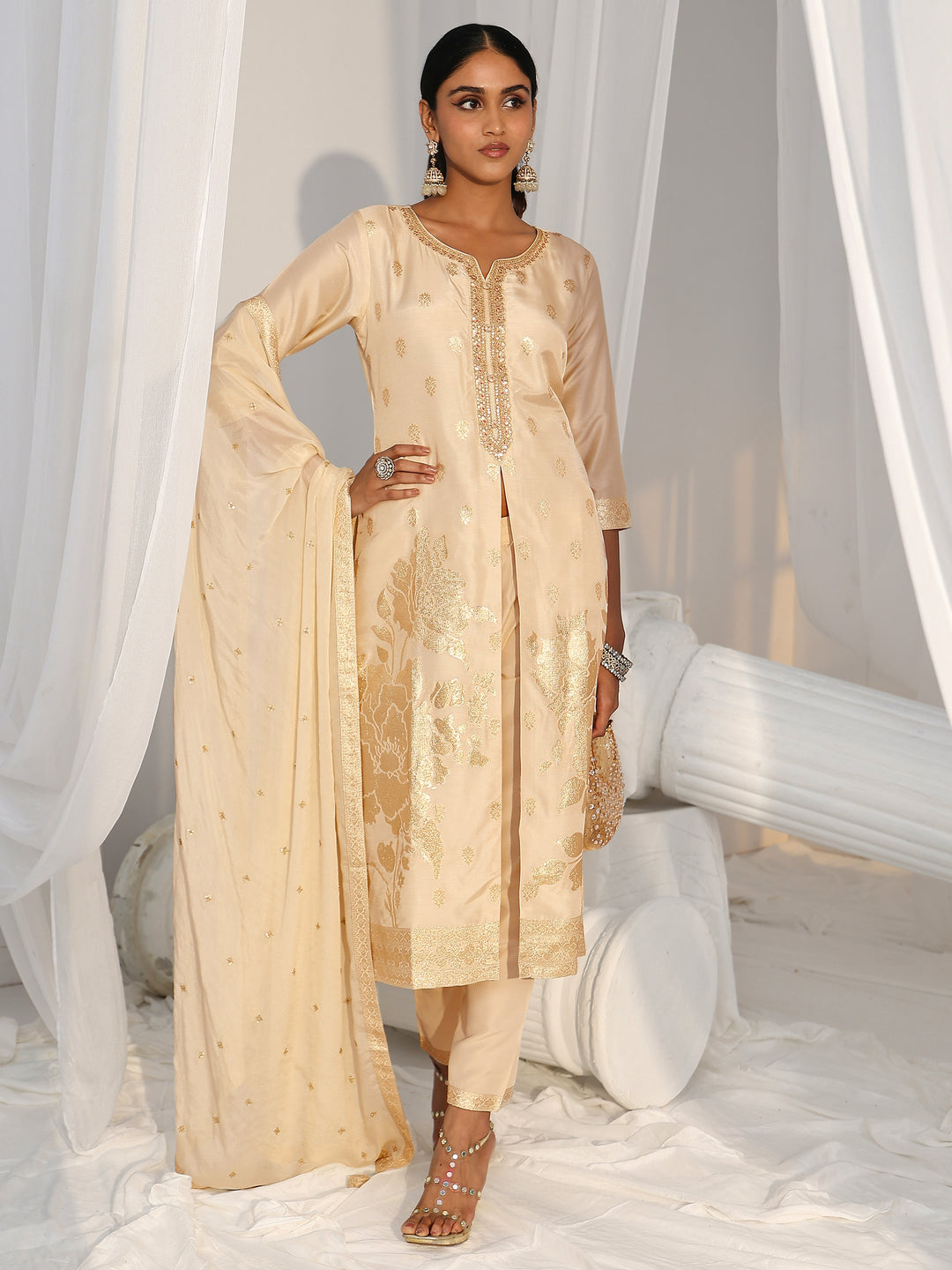 Libas Cream Woven Design Front Slit Silk Blend Straight Suit Set