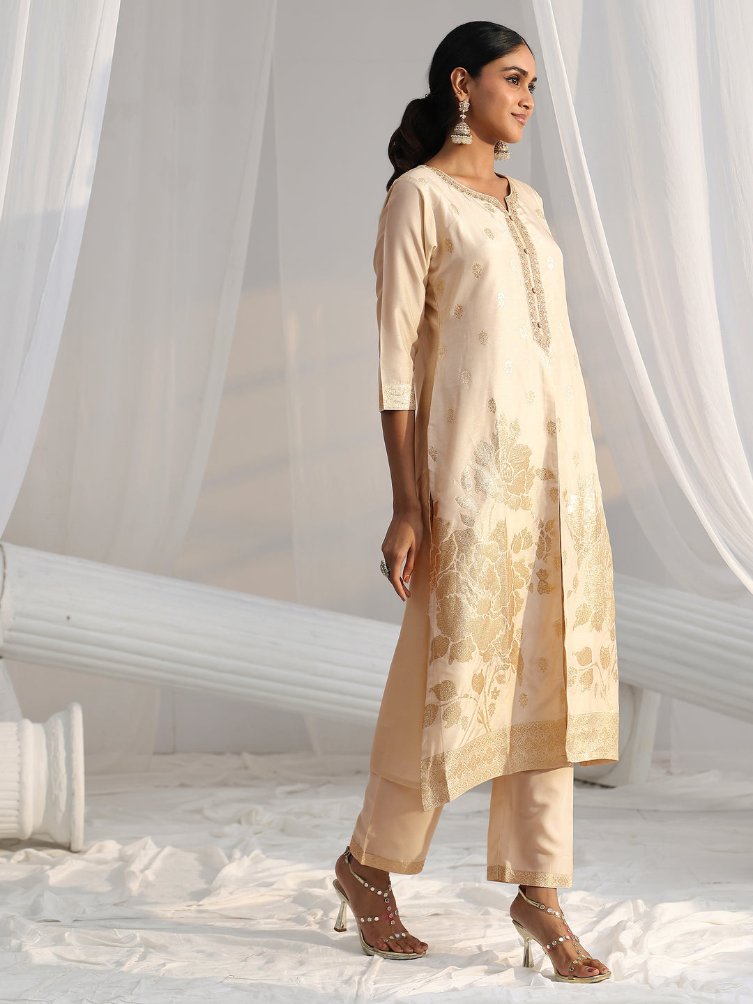 Libas Cream Woven Design Front Slit Silk Blend Straight Suit Set