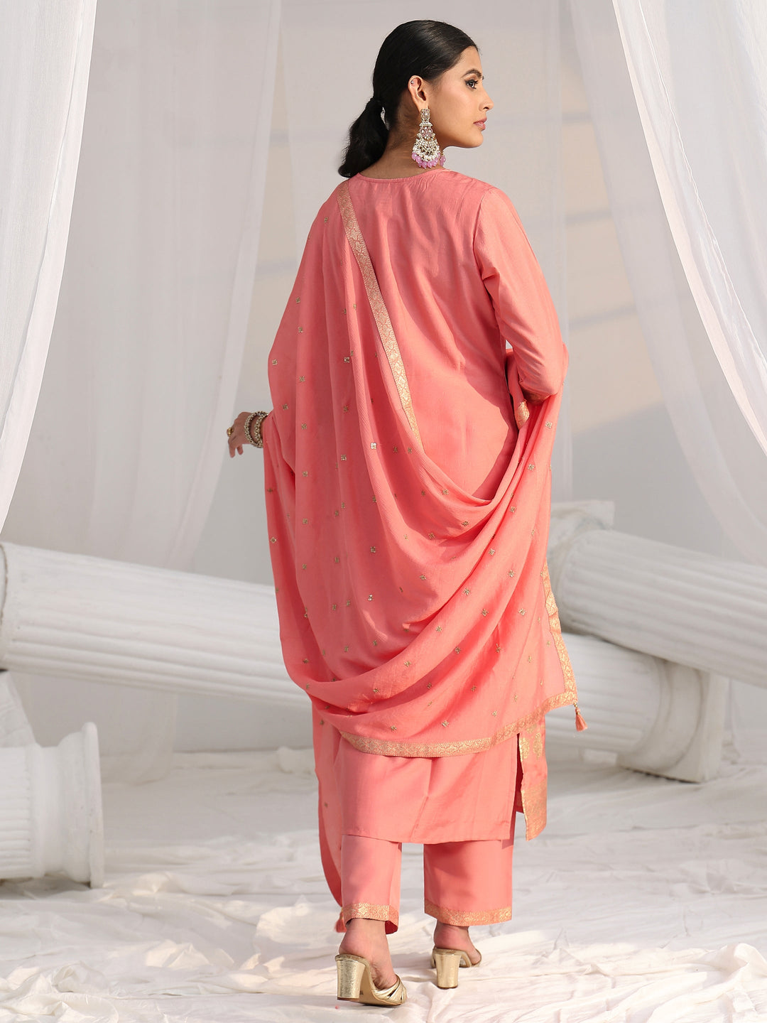 Libas Peach Pink Woven Design Front Slit Silk Blend Straight Suit Set