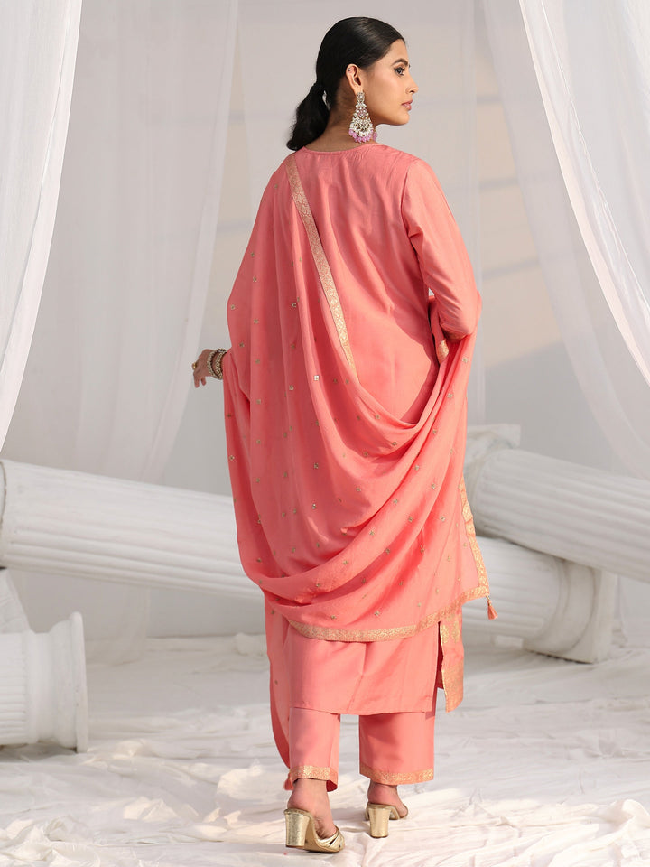 Libas Peach Pink Woven Design Front Slit Silk Blend Straight Suit Set
