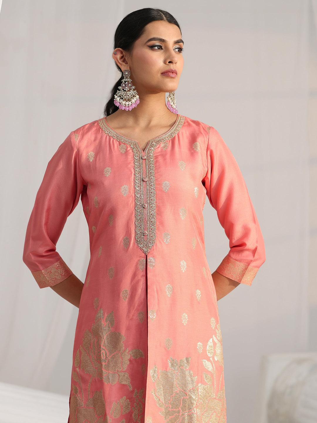 Libas Peach Pink Woven Design Front Slit Silk Blend Straight Suit Set