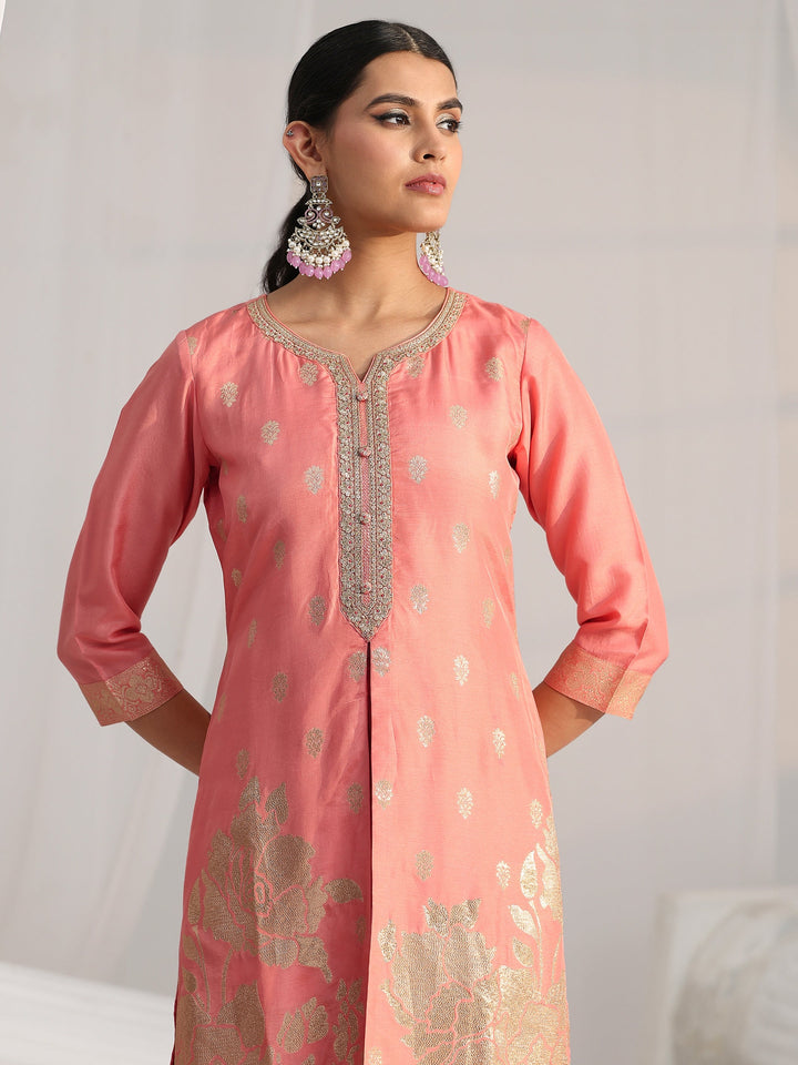 Libas Peach Pink Woven Design Front Slit Silk Blend Straight Suit Set