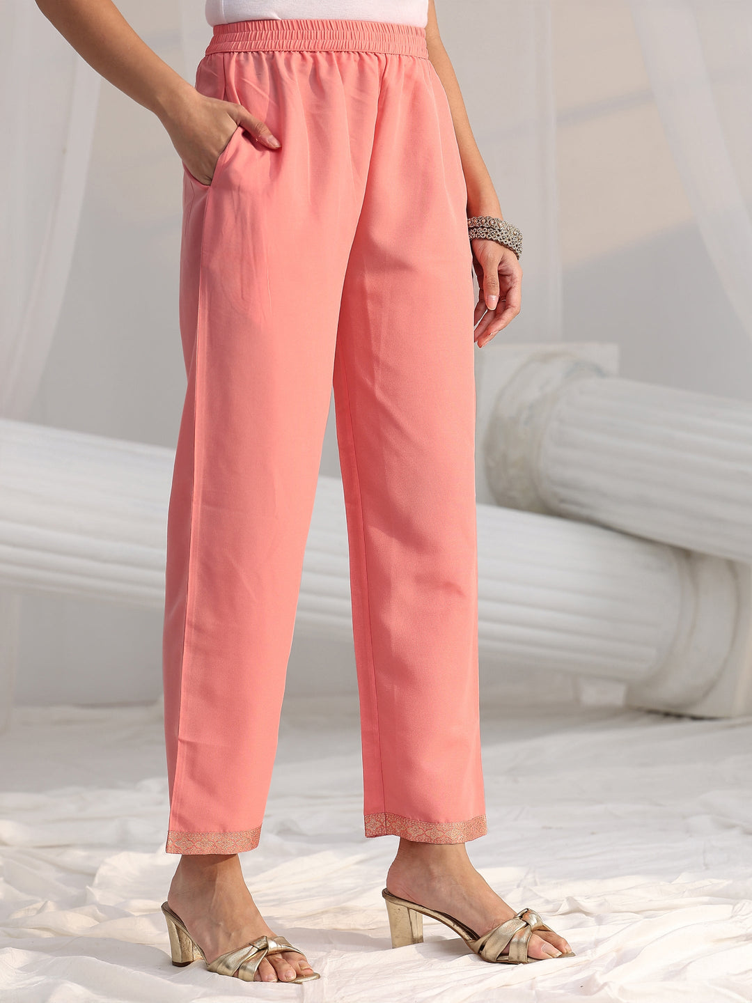 Libas Peach Pink Woven Design Front Slit Silk Blend Straight Suit Set