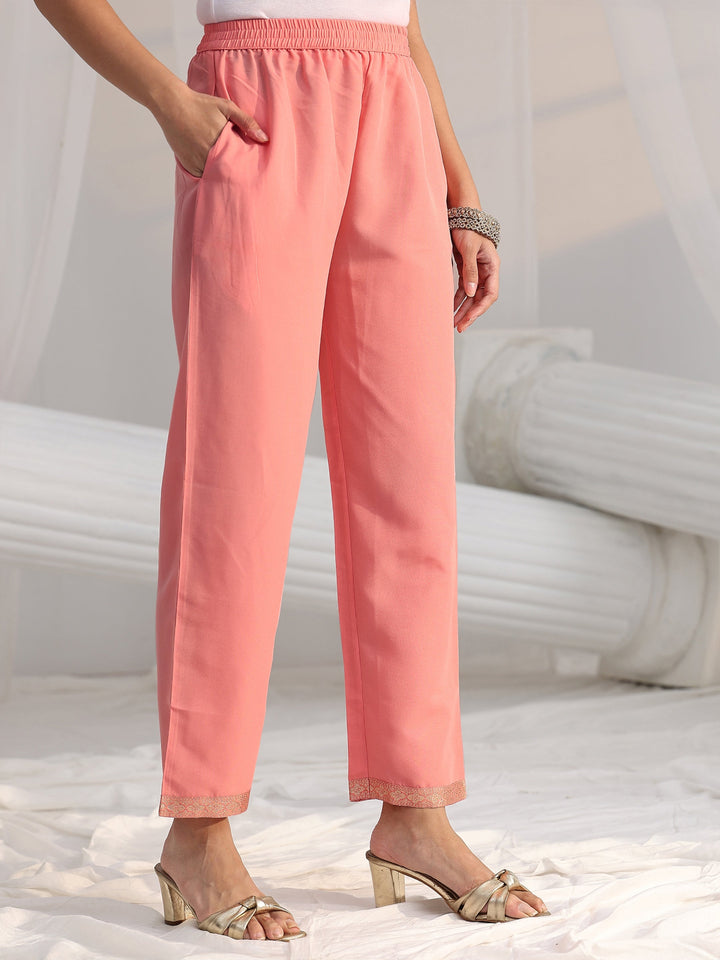 Libas Peach Pink Woven Design Front Slit Silk Blend Straight Suit Set