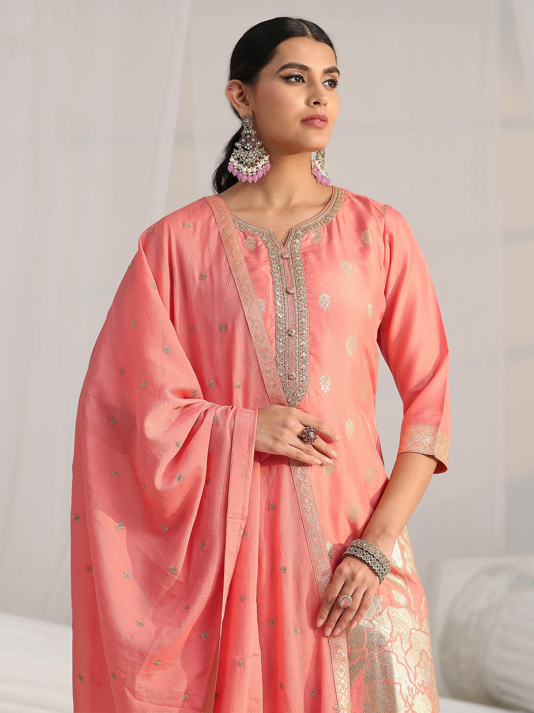 Libas Peach Pink Woven Design Front Slit Silk Blend Straight Suit Set