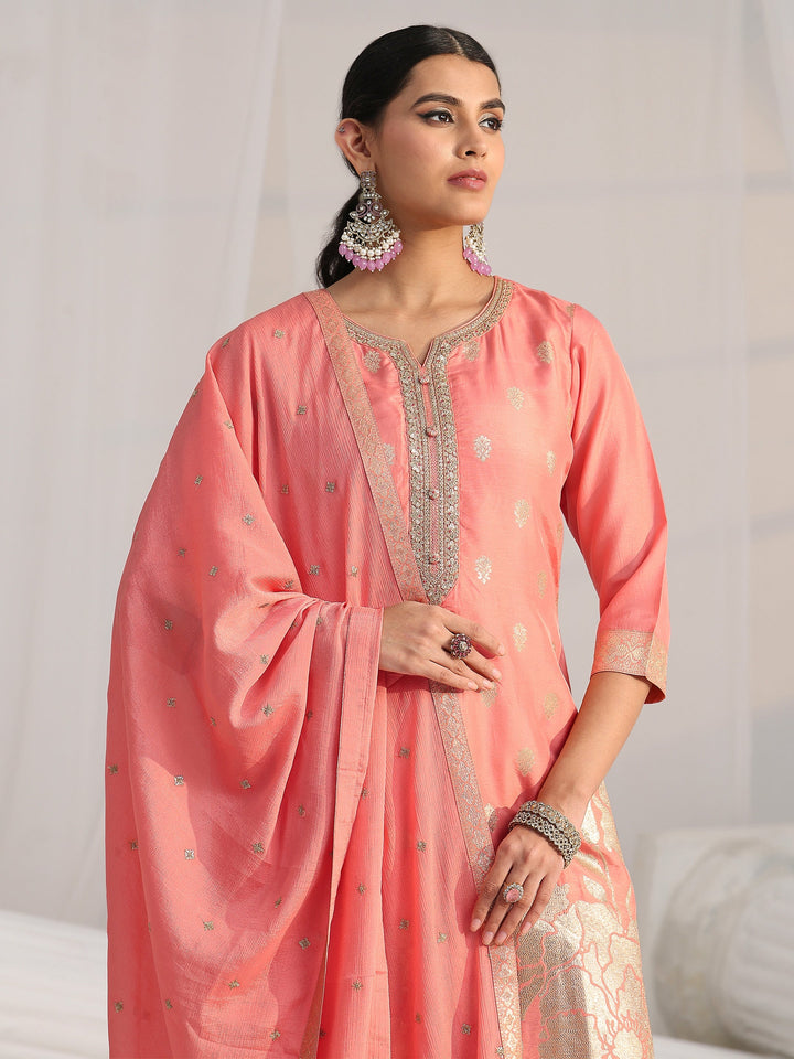 Libas Peach Pink Woven Design Front Slit Silk Blend Straight Suit Set