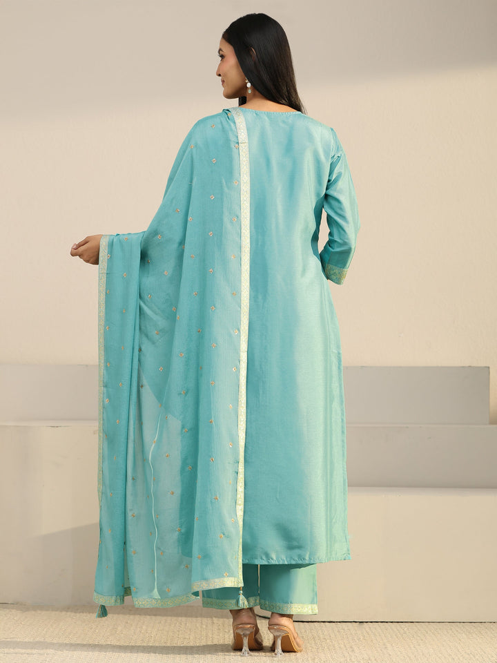 Libas Turquoise Blue Floral Embroidered Silk Blend Straight Suit Set