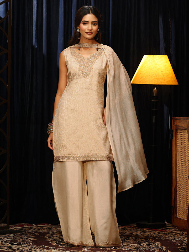 Libas Cream Woven Design Silk Blend Palazzo Suit Set