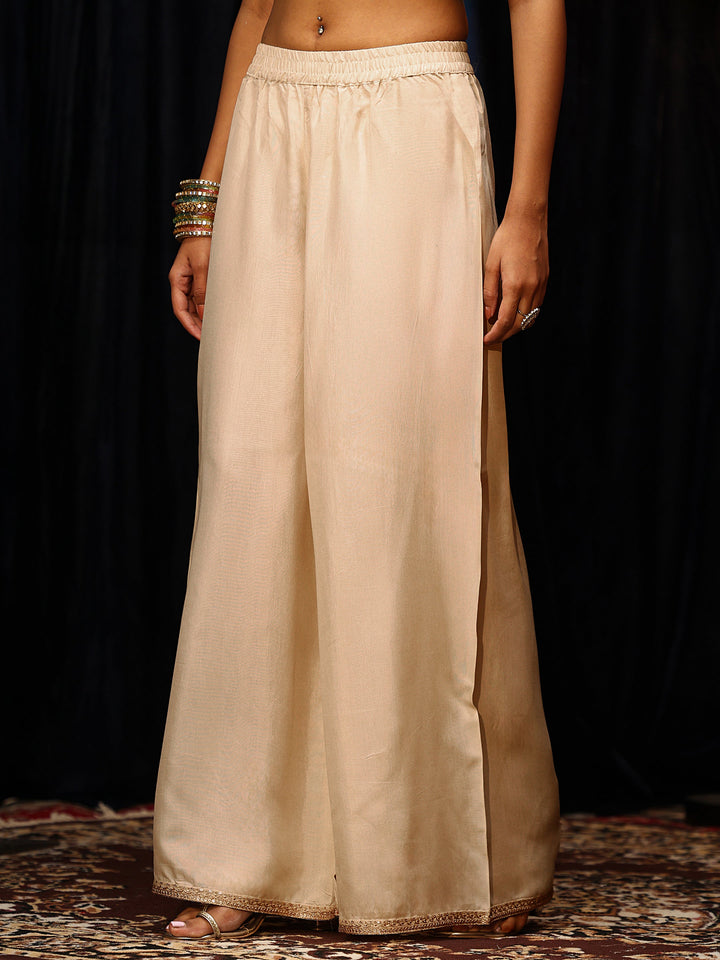 Libas Cream Woven Design Silk Blend Palazzo Suit Set