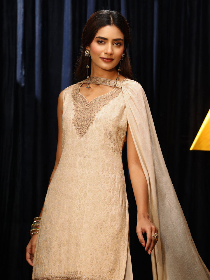 Libas Cream Woven Design Silk Blend Palazzo Suit Set
