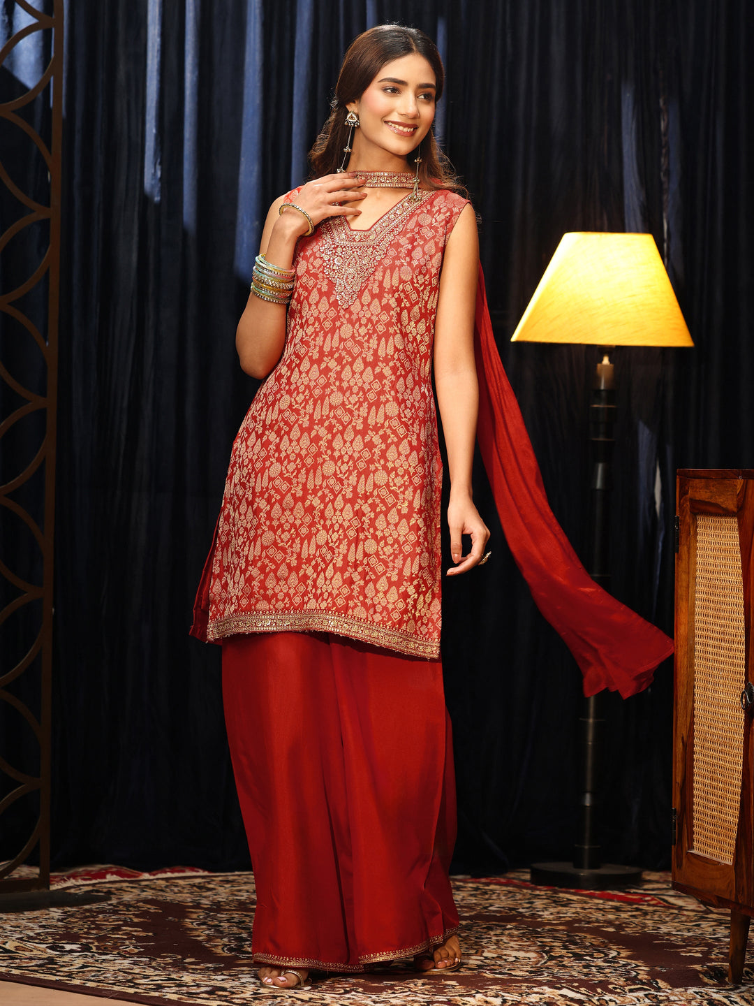 Libas Orange Woven Design Silk Blend Palazzo Suit Set