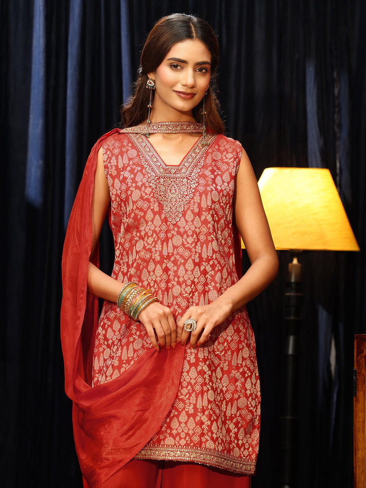Libas Orange Woven Design Silk Blend Palazzo Suit Set
