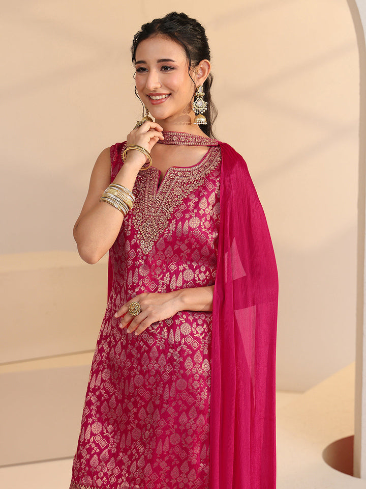 Libas Rani Pink Woven Design Silk Blend Palazzo Suit Set