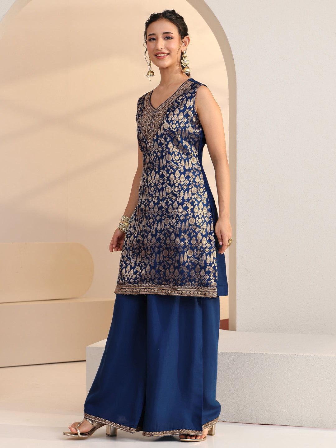Libas Blue Ethnic Motif Woven Design Silk Blend Straight Suit Set