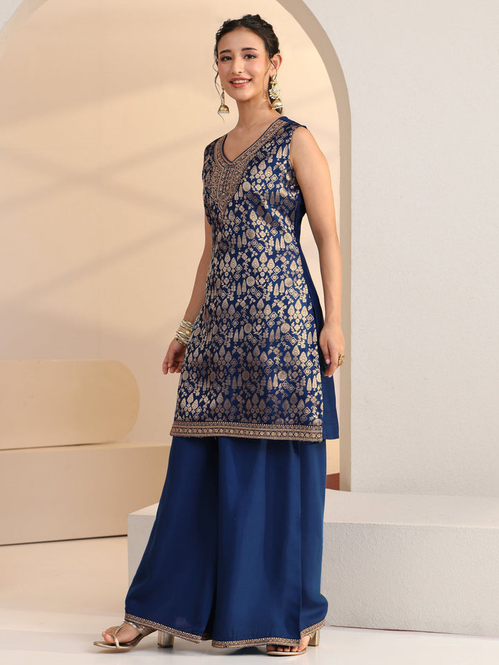 Libas Blue Ethnic Motif Woven Design Silk Blend Straight Suit Set