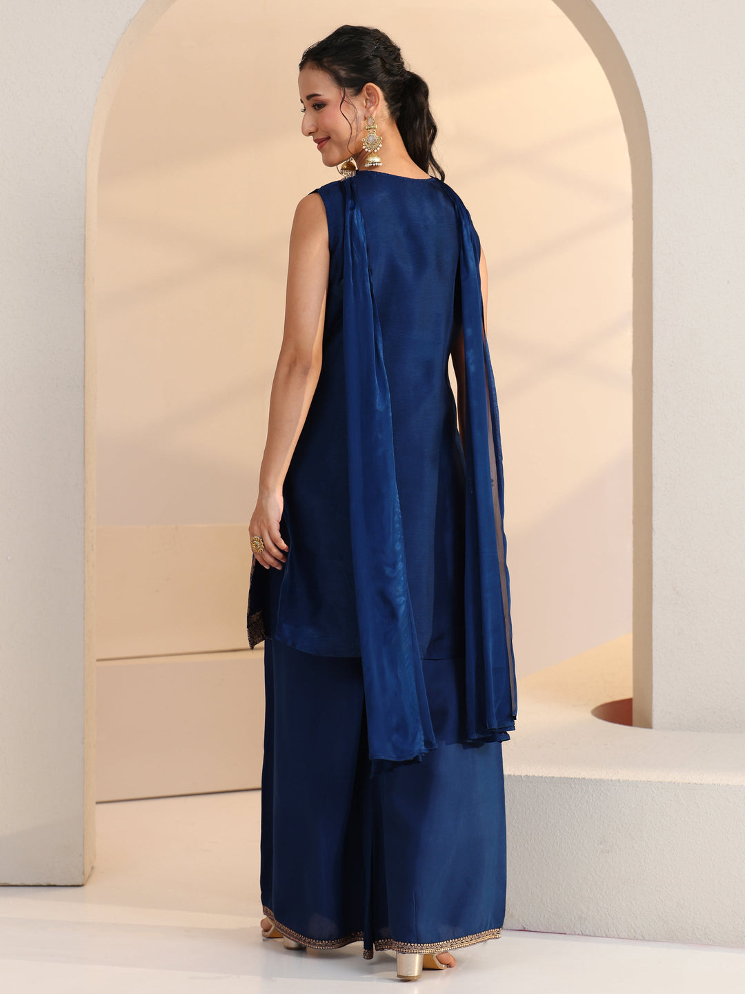 Libas Blue Ethnic Motif Woven Design Silk Blend Straight Suit Set