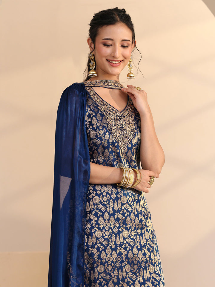 Libas Blue Ethnic Motif Woven Design Silk Blend Straight Suit Set