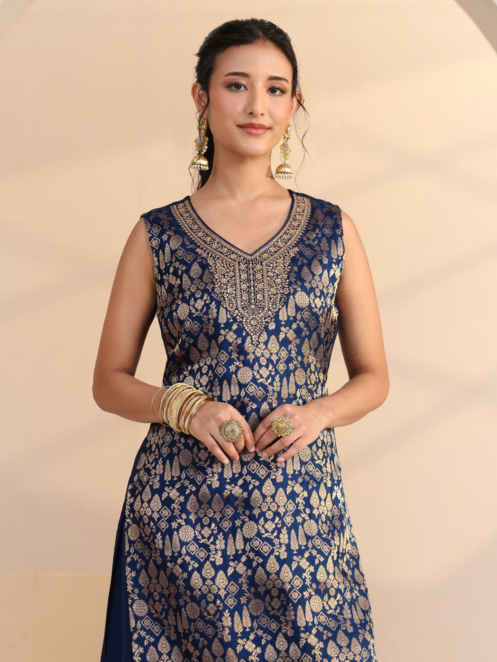 Libas Blue Ethnic Motif Woven Design Silk Blend Straight Suit Set